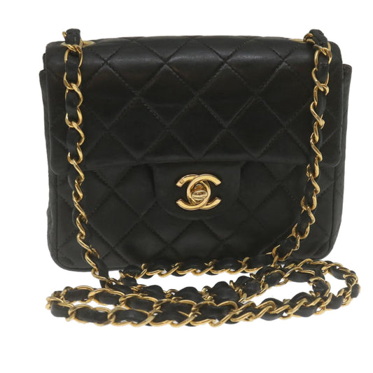 CHANEL Mini Matelasse Chain Flap Shoulder Bag Lamb Skin Black Gold hs689A