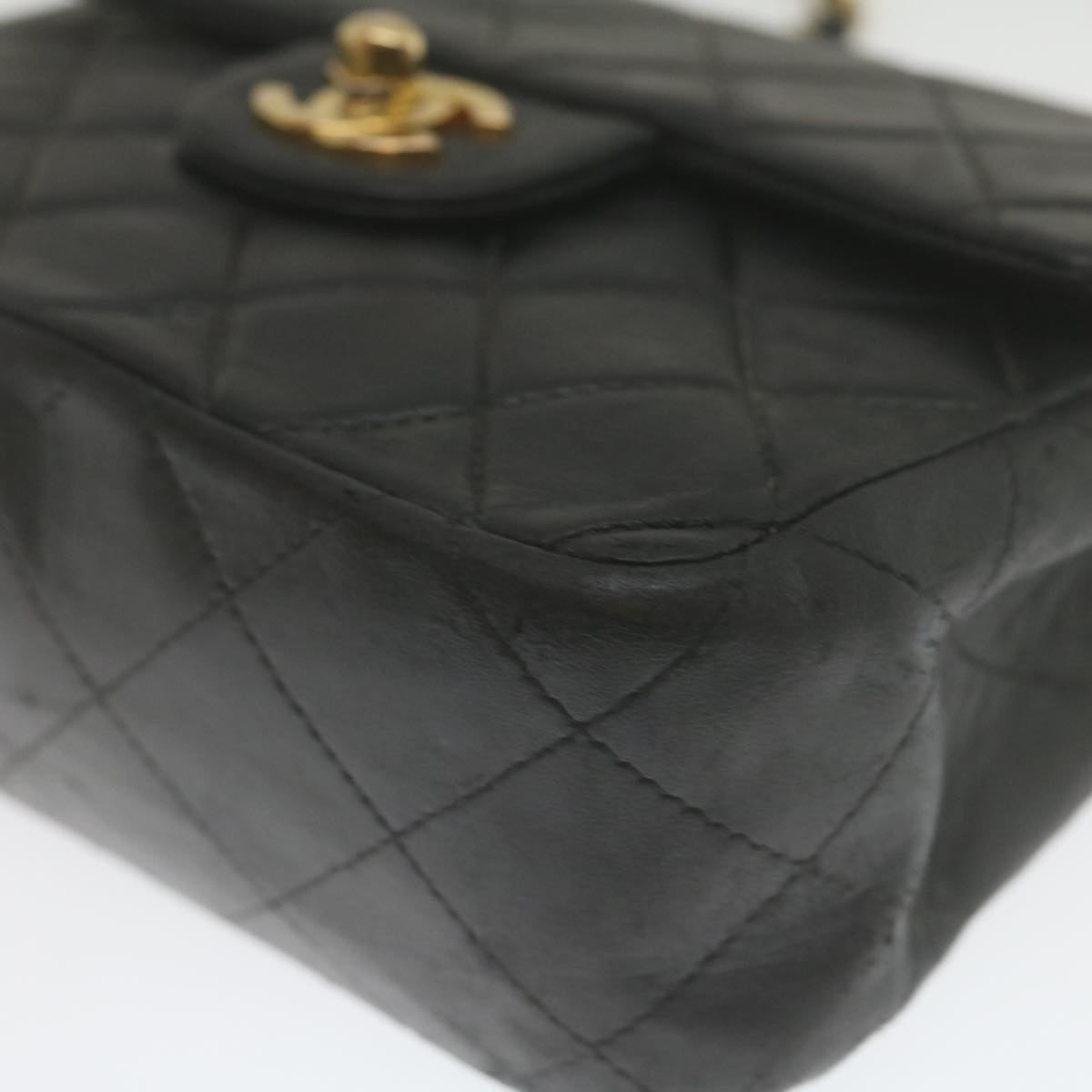 CHANEL Mini Matelasse Chain Flap Shoulder Bag Lamb Skin Black Gold hs689A