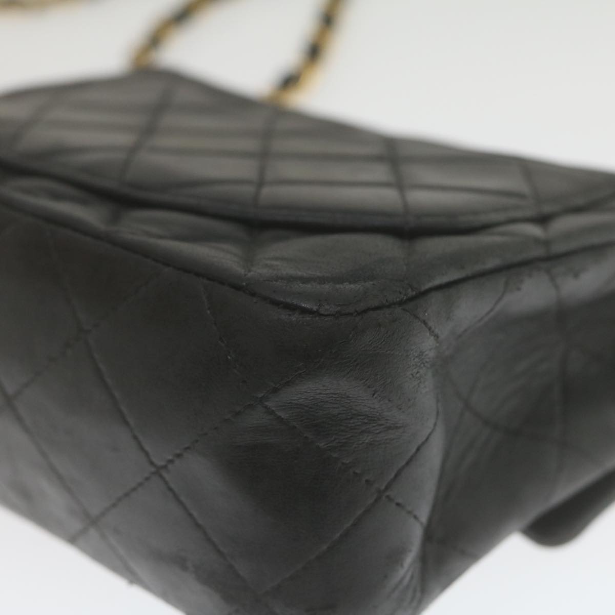 CHANEL Mini Matelasse Chain Flap Shoulder Bag Lamb Skin Black Gold hs689A