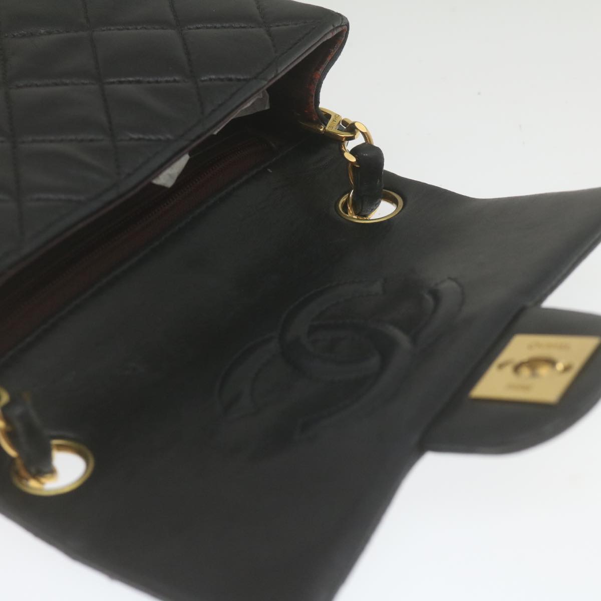 CHANEL Mini Matelasse Chain Flap Shoulder Bag Lamb Skin Black Gold hs689A