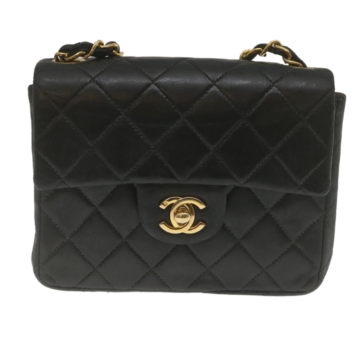 CHANEL Mini Matelasse Chain Flap Shoulder Bag Lamb Skin Black Gold hs689A