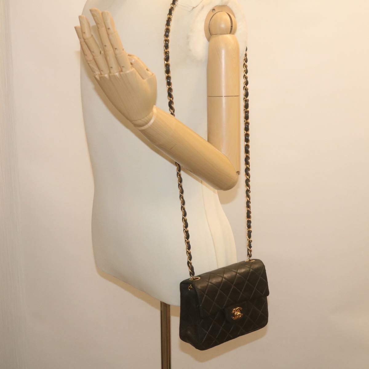 CHANEL Mini Matelasse Chain Flap Shoulder Bag Lamb Skin Black Gold hs689A