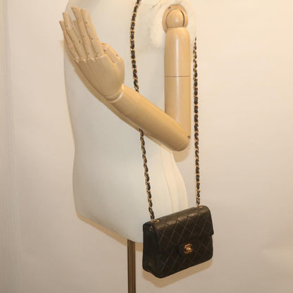 CHANEL Mini Matelasse Chain Flap Shoulder Bag Lamb Skin Black Gold hs689A