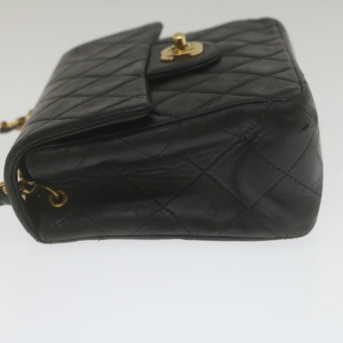 CHANEL Mini Matelasse Chain Flap Shoulder Bag Lamb Skin Black Gold hs689A