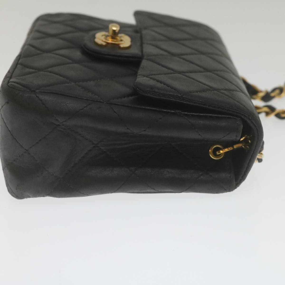 CHANEL Mini Matelasse Chain Flap Shoulder Bag Lamb Skin Black Gold hs689A