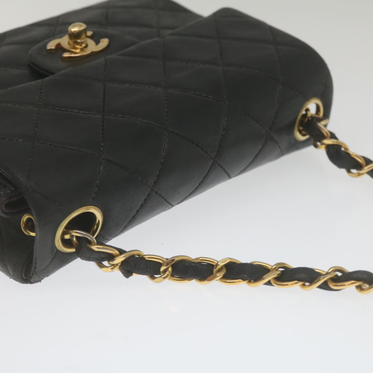 CHANEL Mini Matelasse Chain Flap Shoulder Bag Lamb Skin Black Gold hs689A