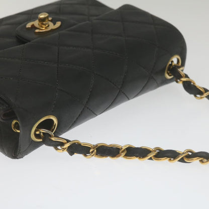 CHANEL Mini Matelasse Chain Flap Shoulder Bag Lamb Skin Black Gold hs689A