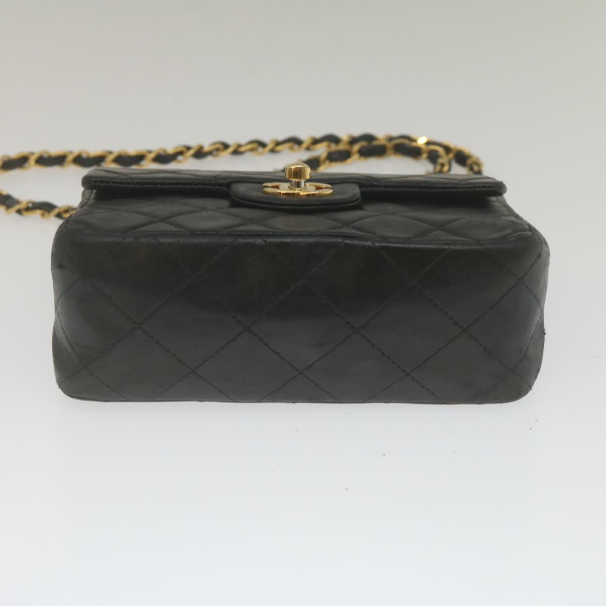 CHANEL Mini Matelasse Chain Flap Shoulder Bag Lamb Skin Black Gold hs689A