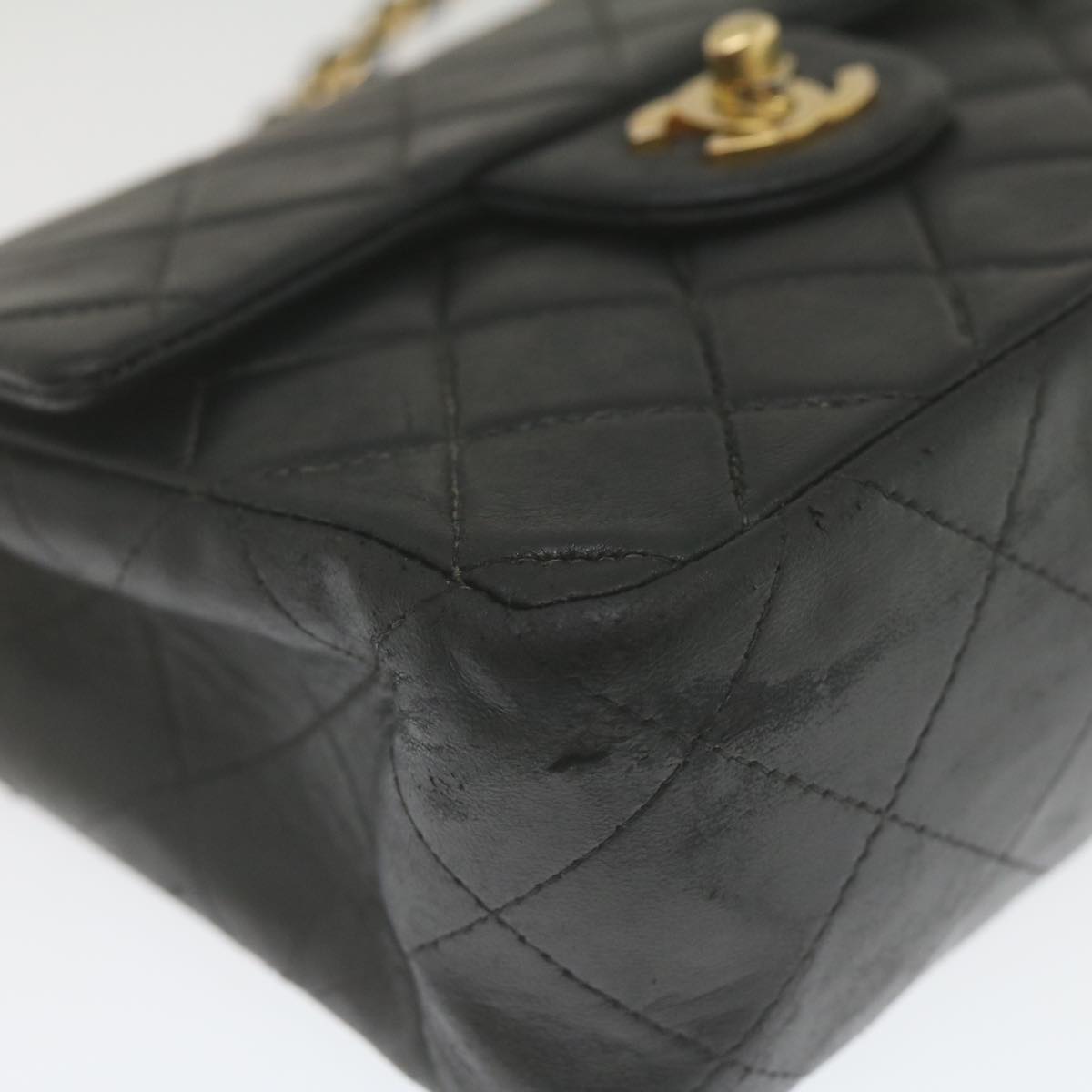 CHANEL Mini Matelasse Chain Flap Shoulder Bag Lamb Skin Black Gold hs689A