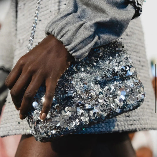 CHANEL 25C Flap Bag 21cm Dense Silver Sequin White Calfskin