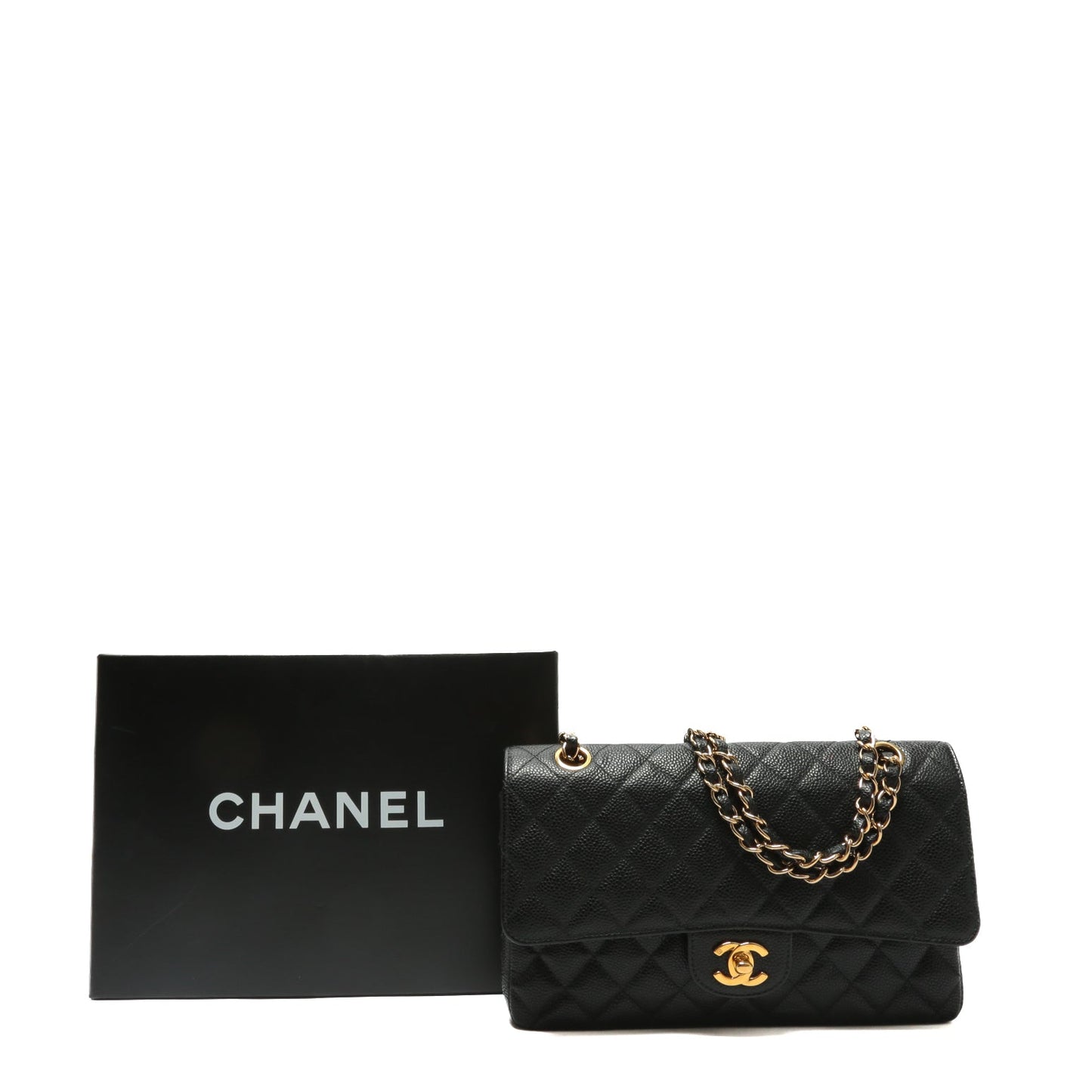 CHANEL Medium Dbl Flap Quilted Black Caviar w/Gold