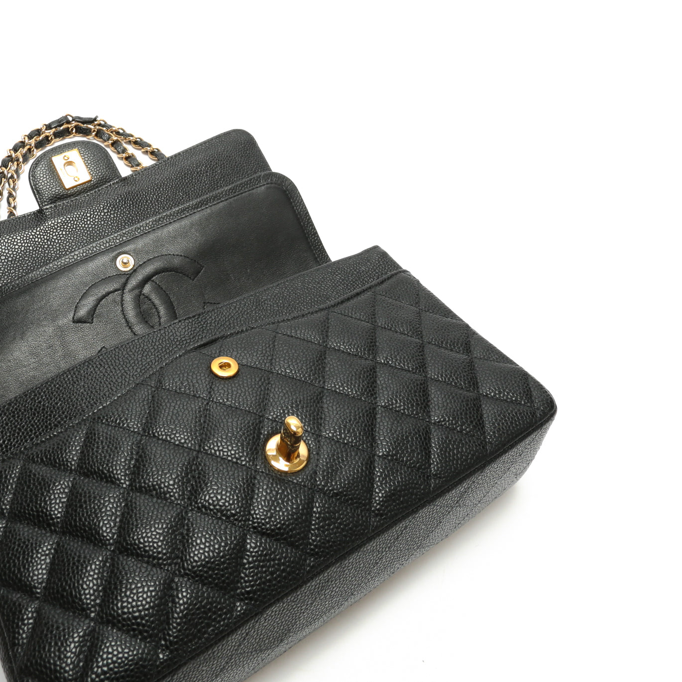 CHANEL Medium Dbl Flap Quilted Black Caviar w/Gold