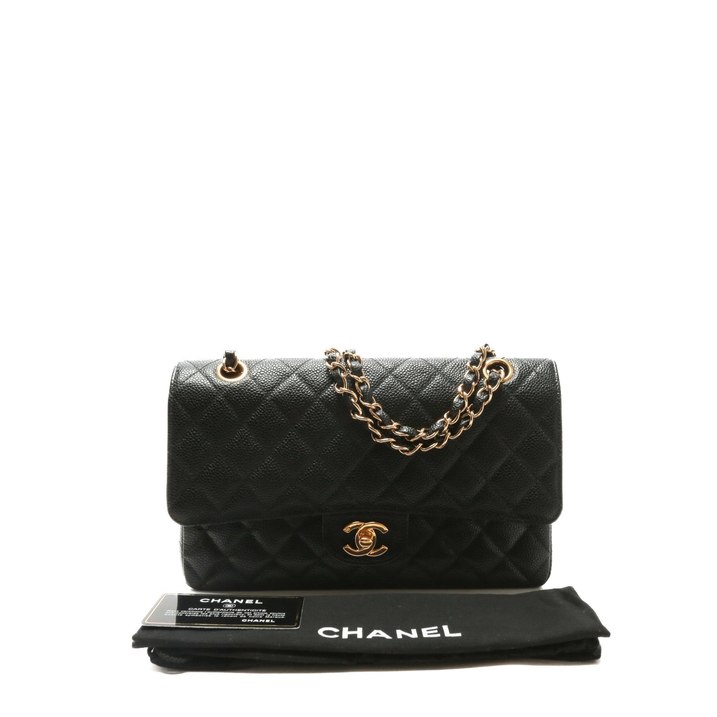 CHANEL Medium Dbl Flap Quilted Black Caviar w/Gold