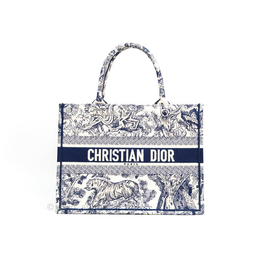 Christian Dior Embroidered Toile De Jouy Small Canvas Book Tote Blue