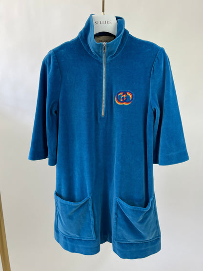 Gucci Blue Velour Quarter Zip Mini Dress with Pocket Detail Size XS (UK 6)