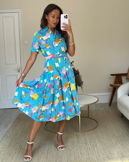 Gucci Blue Floral Linen Blend Belted Midi Dress Size IT 40 (UK 8)