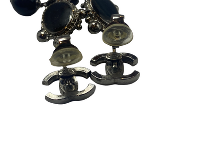 Chanel silver and black stone pendant earclips