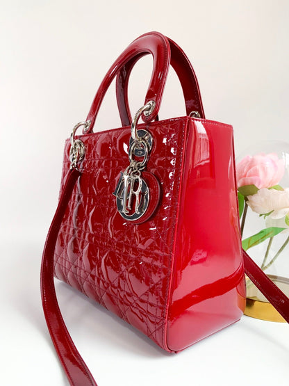 Christian Dior Patent Cannage Medium Lady Dior Red Silver Hardware