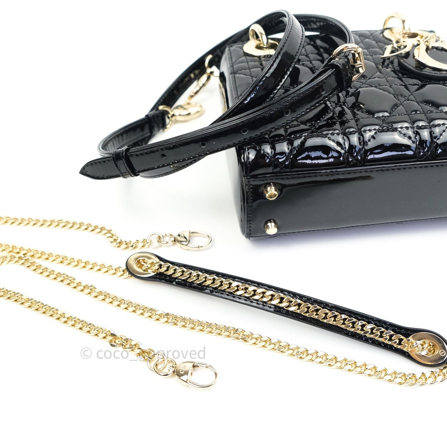 Christian Dior Mini Lady Dior Black Patent Light Gold Hardware