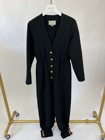 Gucci Black Long-Sleeve V-Neck Jumpsuit with Gold Button Detail Size IT 38 (UK 6)