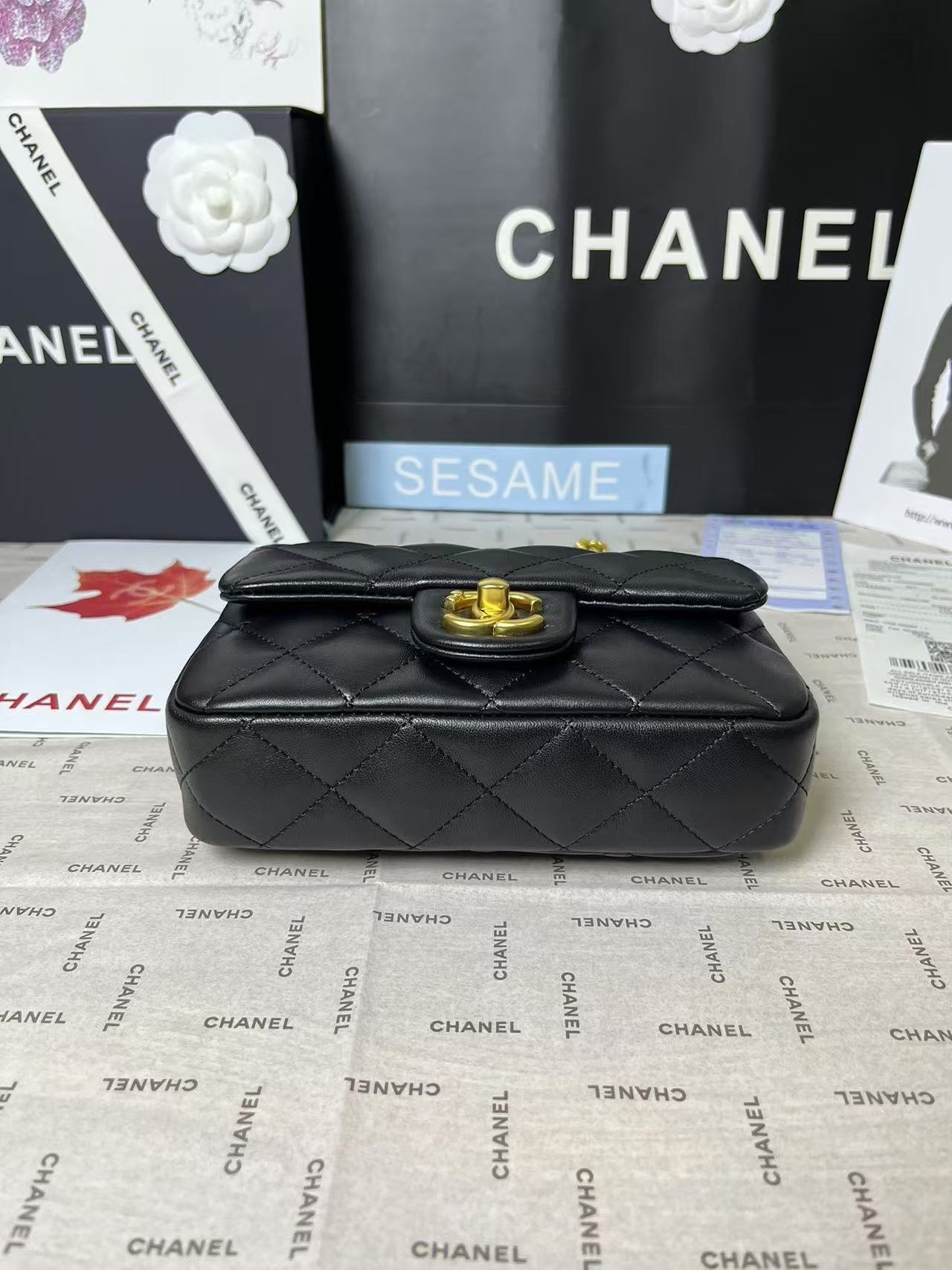 CHANEL 25C Mini Flap 19cm Black Lambskin Gold Heart Hardware