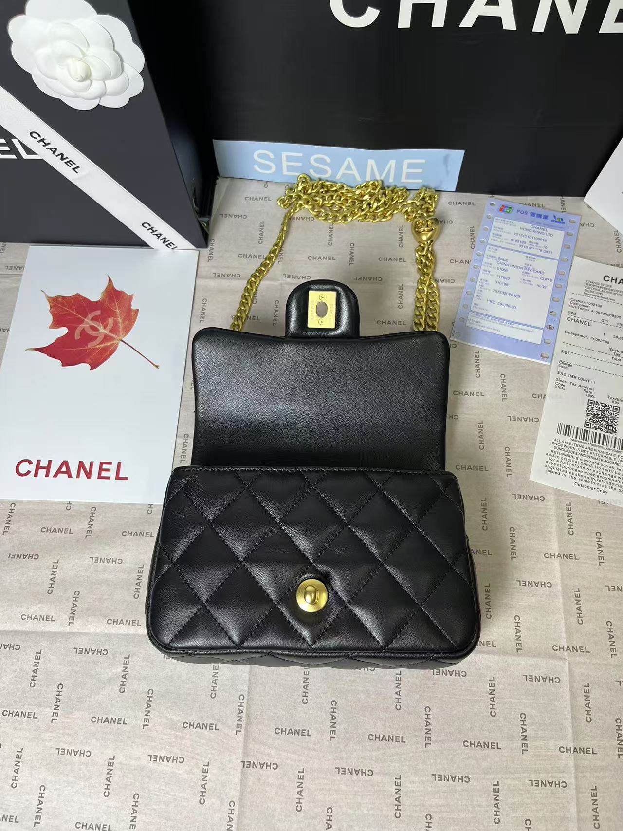CHANEL 25C Mini Flap 19cm Black Lambskin Gold Heart Hardware