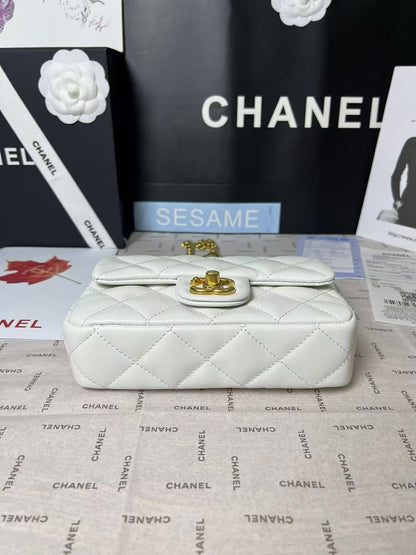 CHANEL 25C Mini Flap 19cm White Lambskin Gold Heart Hardware