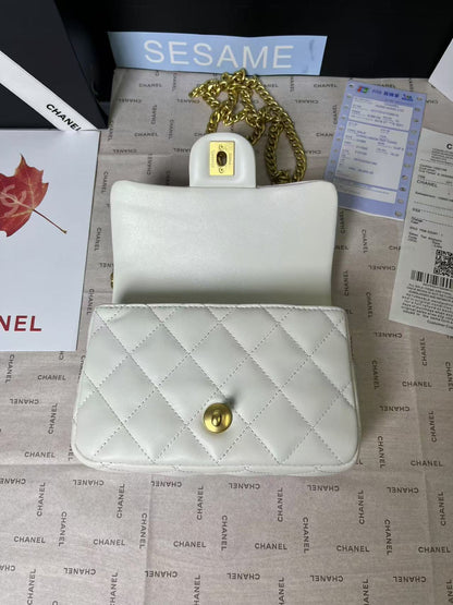 CHANEL 25C Mini Flap 19cm White Lambskin Gold Heart Hardware