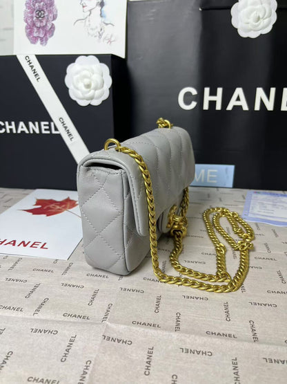 CHANEL 25C Mini Flap 19cm Grey Lambskin Gold Heart Hardware
