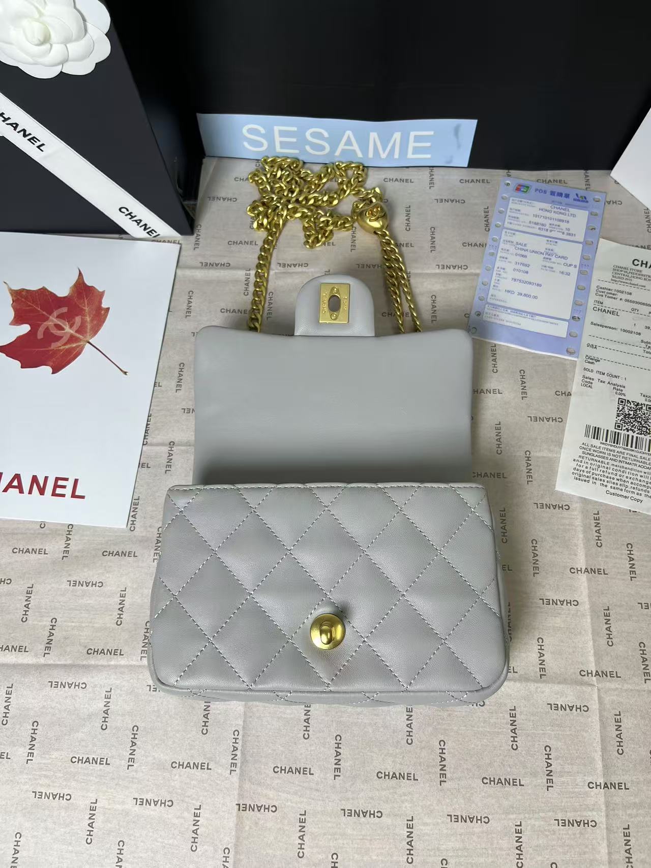CHANEL 25C Mini Flap 19cm Grey Lambskin Gold Heart Hardware