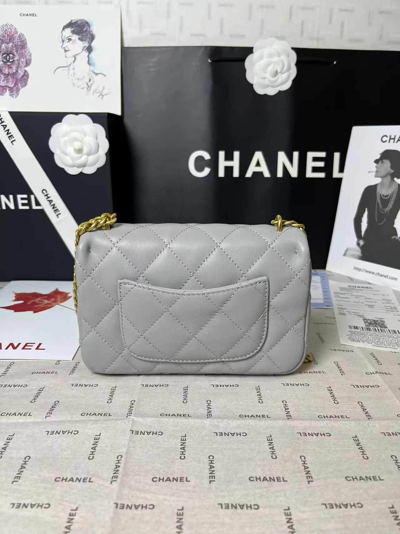 CHANEL 25C Mini Flap 19cm Grey Lambskin Gold Heart Hardware