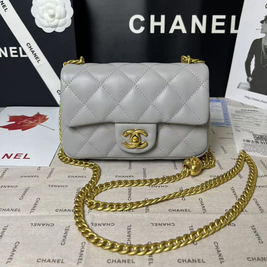 CHANEL 25C Mini Flap 19cm Grey Lambskin Gold Heart Hardware