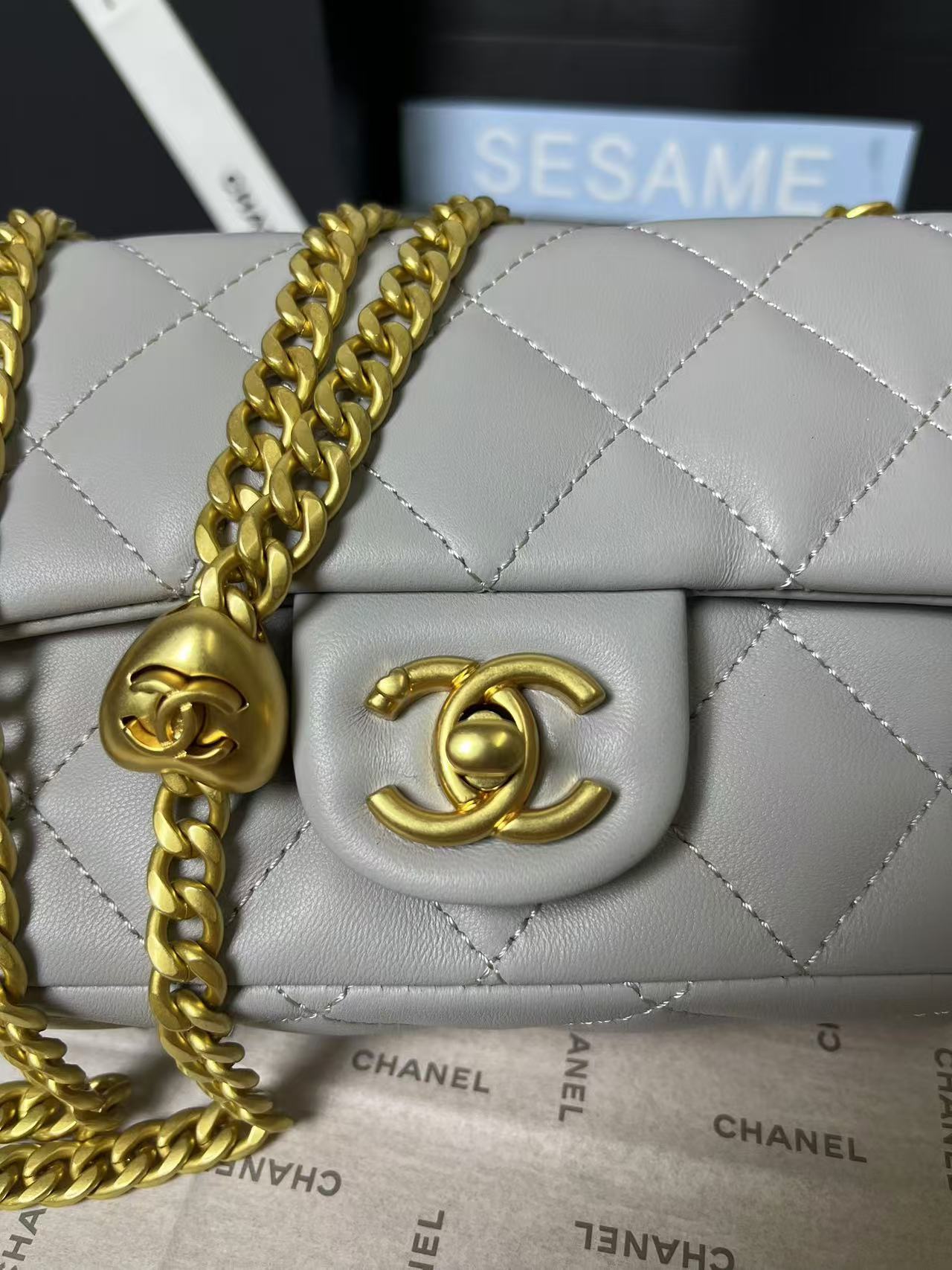 CHANEL 25C Mini Flap 19cm Grey Lambskin Gold Heart Hardware