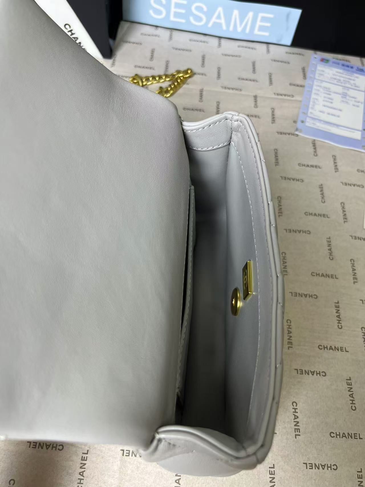 CHANEL 25C Mini Flap 19cm Grey Lambskin Gold Heart Hardware