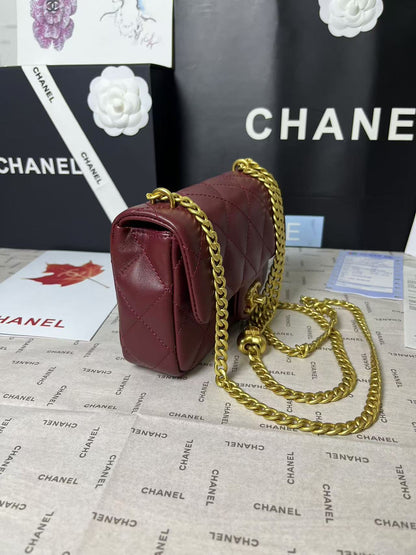 CHANEL 25C Mini Flap 19cm Burgundy Lambskin Gold Heart Hardware