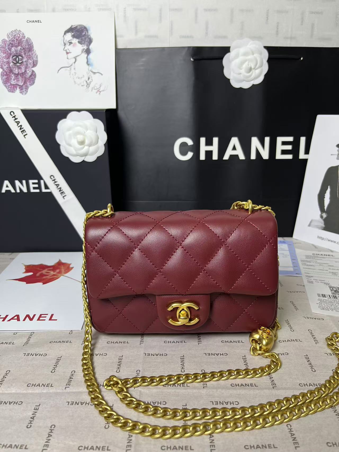 CHANEL 25C Mini Flap 19cm Burgundy Lambskin Gold Heart Hardware