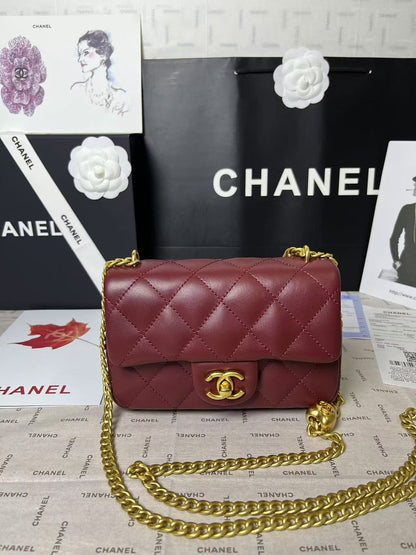 CHANEL 25C Mini Flap 19cm Burgundy Lambskin Gold Heart Hardware