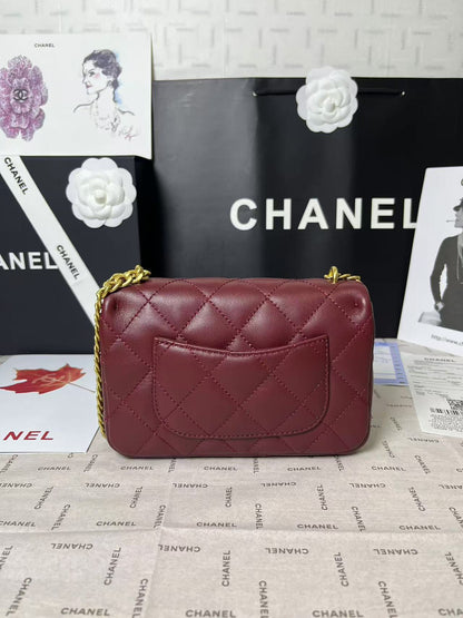 CHANEL 25C Mini Flap 19cm Burgundy Lambskin Gold Heart Hardware