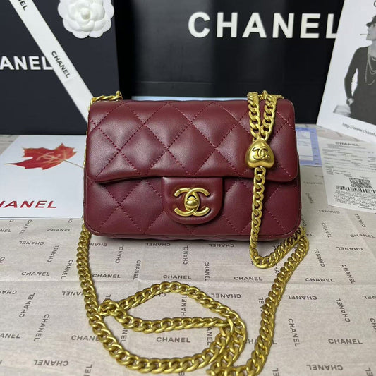 CHANEL 25C Mini Flap 19cm Burgundy Lambskin Gold Heart Hardware