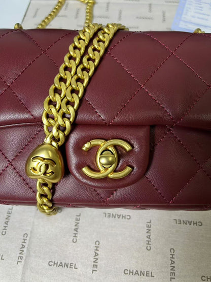 CHANEL 25C Mini Flap 19cm Burgundy Lambskin Gold Heart Hardware
