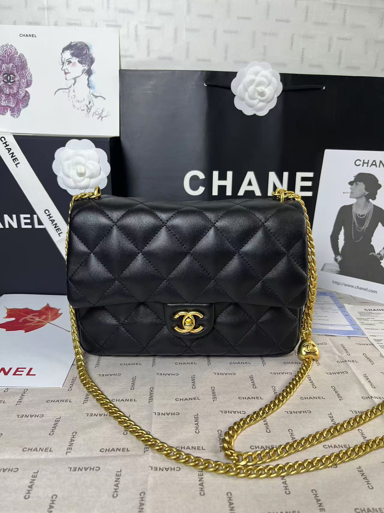 CHANEL 25C Mini Flap 24cm Black Lambskin Gold Heart Hardware