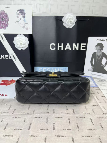 CHANEL 25C Mini Flap 24cm Black Lambskin Gold Heart Hardware