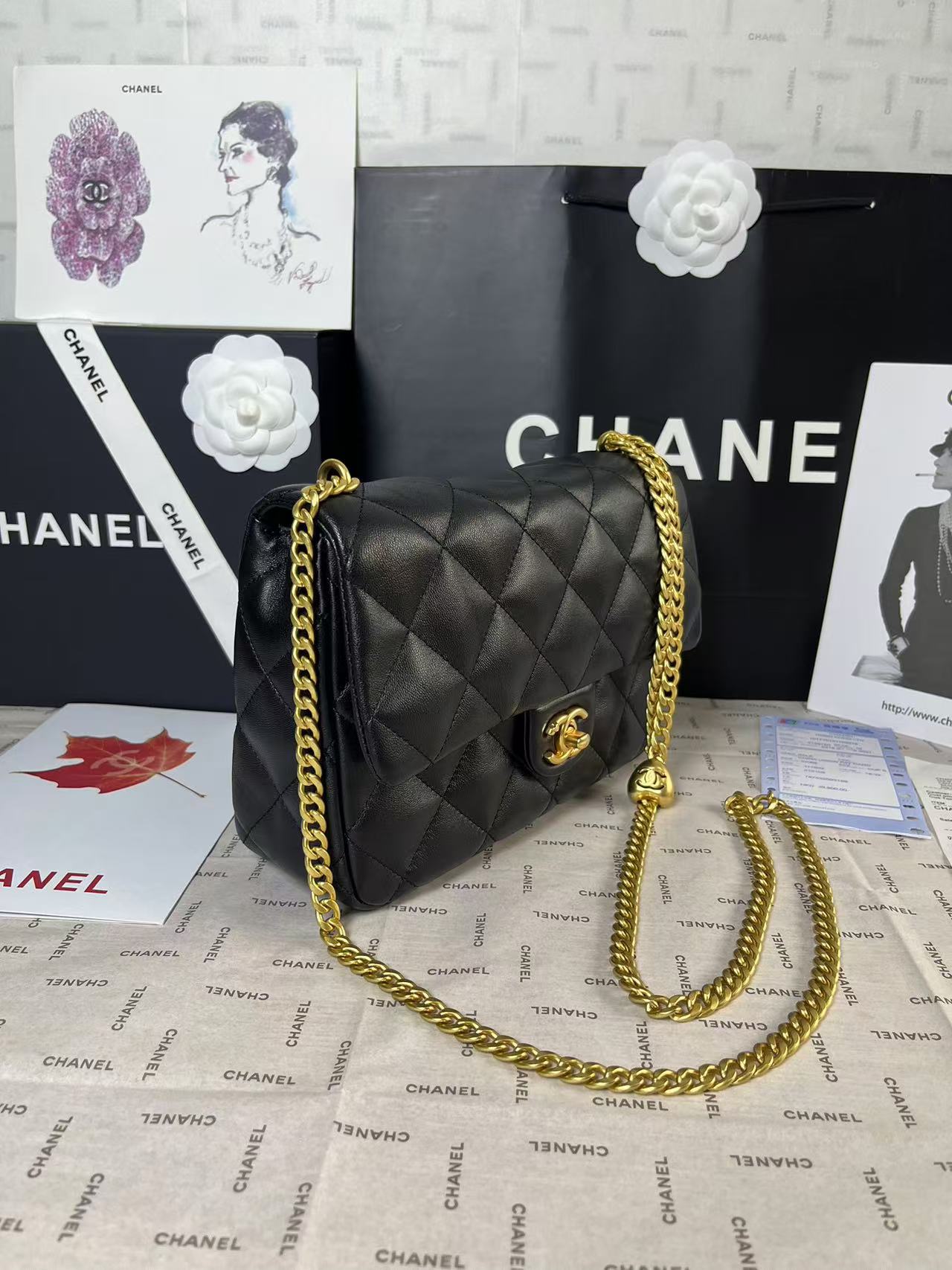 CHANEL 25C Mini Flap 24cm Black Lambskin Gold Heart Hardware
