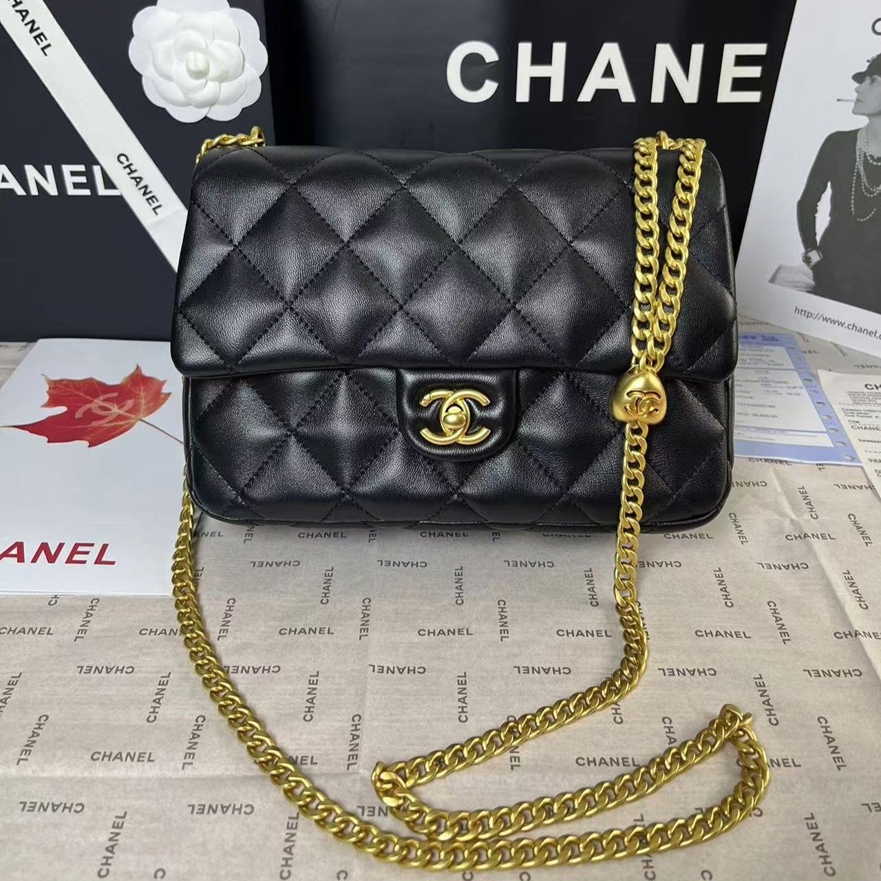 CHANEL 25C Mini Flap 24cm Black Lambskin Gold Heart Hardware