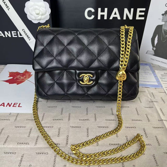 CHANEL 25C Mini Flap 24cm Black Lambskin Gold Heart Hardware