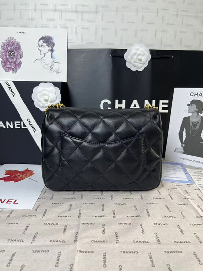 CHANEL 25C Mini Flap 24cm Black Lambskin Gold Heart Hardware