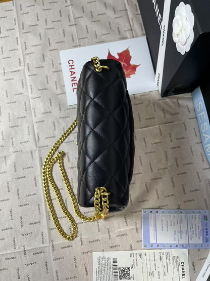 CHANEL 25C Mini Flap 24cm Black Lambskin Gold Heart Hardware