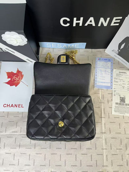 CHANEL 25C Mini Flap 24cm Black Lambskin Gold Heart Hardware