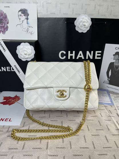 CHANEL 25C Mini Flap 24cm White Lambskin Gold Heart Hardware