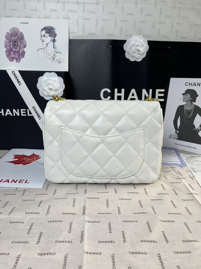 CHANEL 25C Mini Flap 24cm White Lambskin Gold Heart Hardware